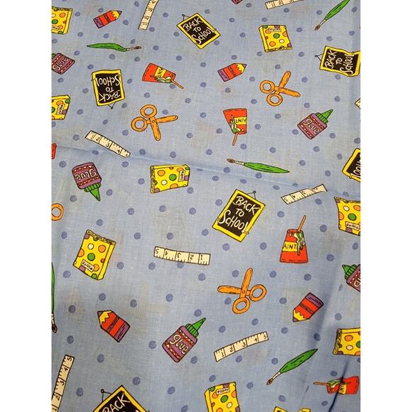 Back To School Elementary Blue Cotton Farbric 29inches Scissors Glue Paint New - Picture 1 of 5